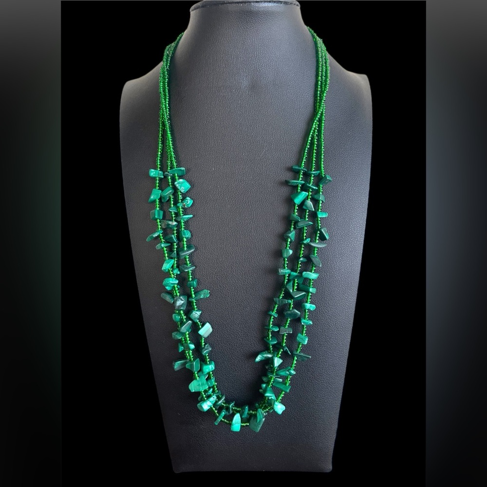 Malachite Chip and Green Seed Bead Multi Layer Necklace
